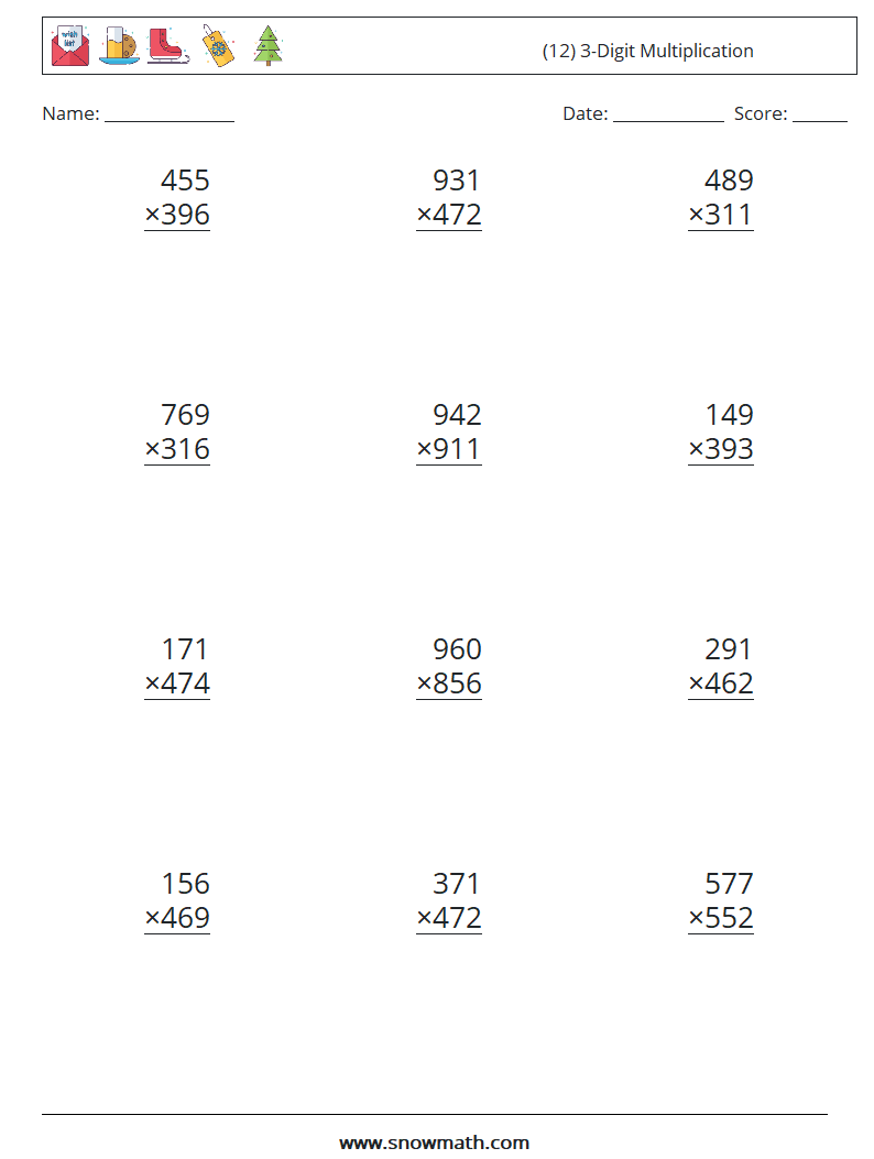 (12) 3-Digit Multiplication Math Worksheets 7