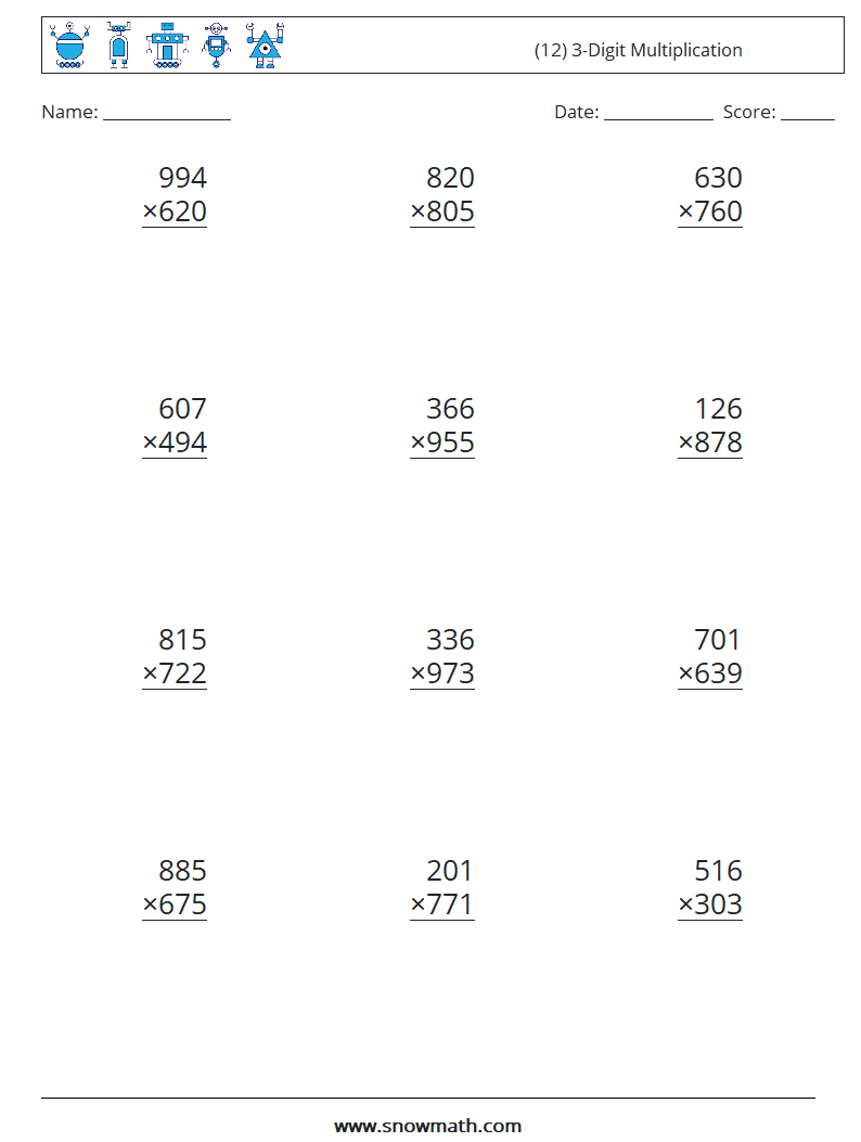 (12) 3-Digit Multiplication Math Worksheets 8