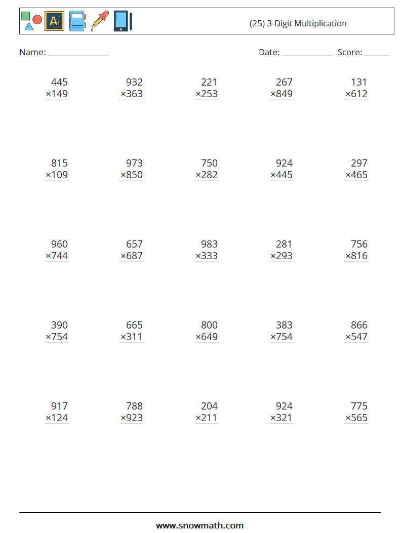 (25) 3-Digit Multiplication Maths Worksheets 11