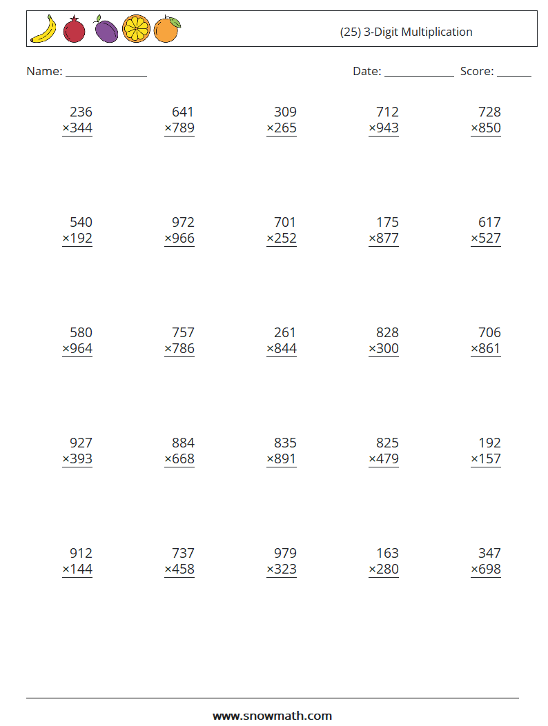 (25) 3-Digit Multiplication Maths Worksheets 16