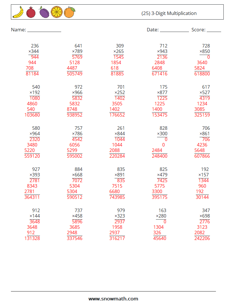 (25) 3-Digit Multiplication Math Worksheets 16 Question, Answer