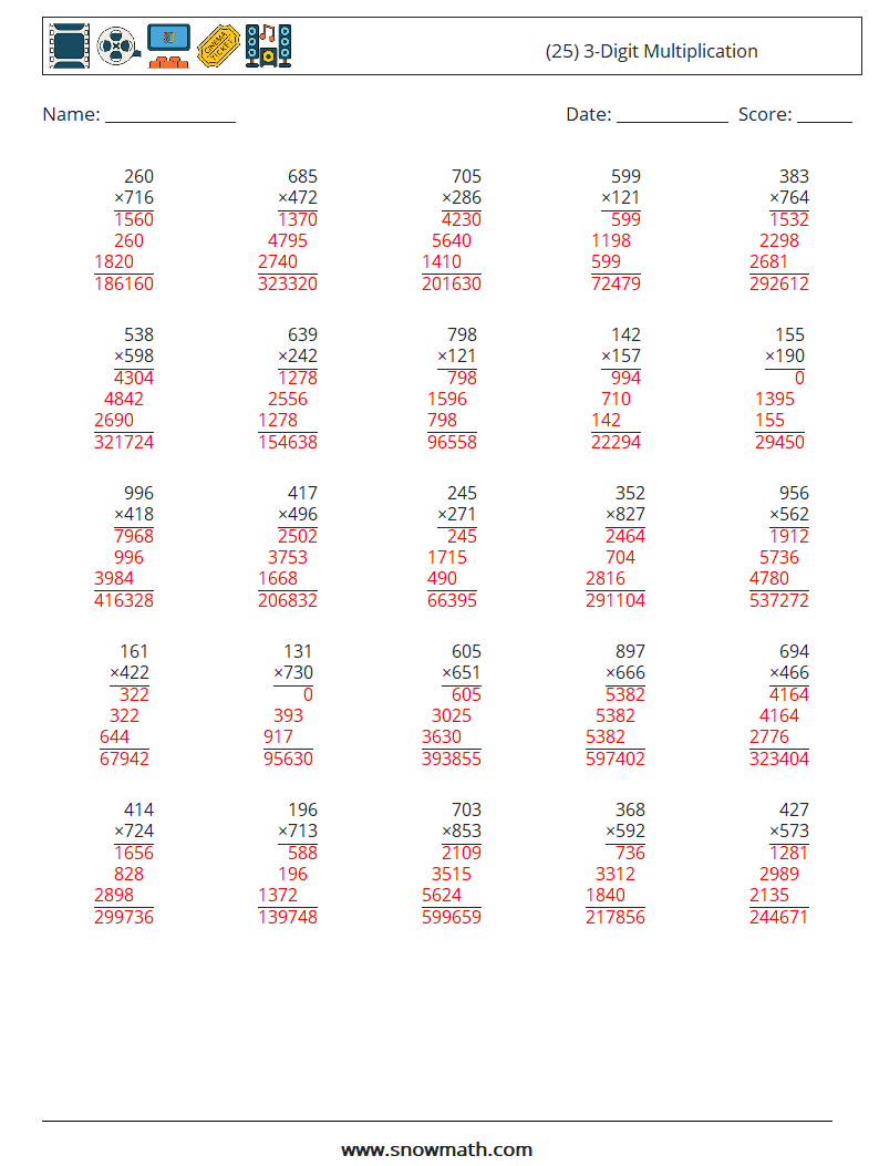 (25) 3-Digit Multiplication Math Worksheets 17 Question, Answer