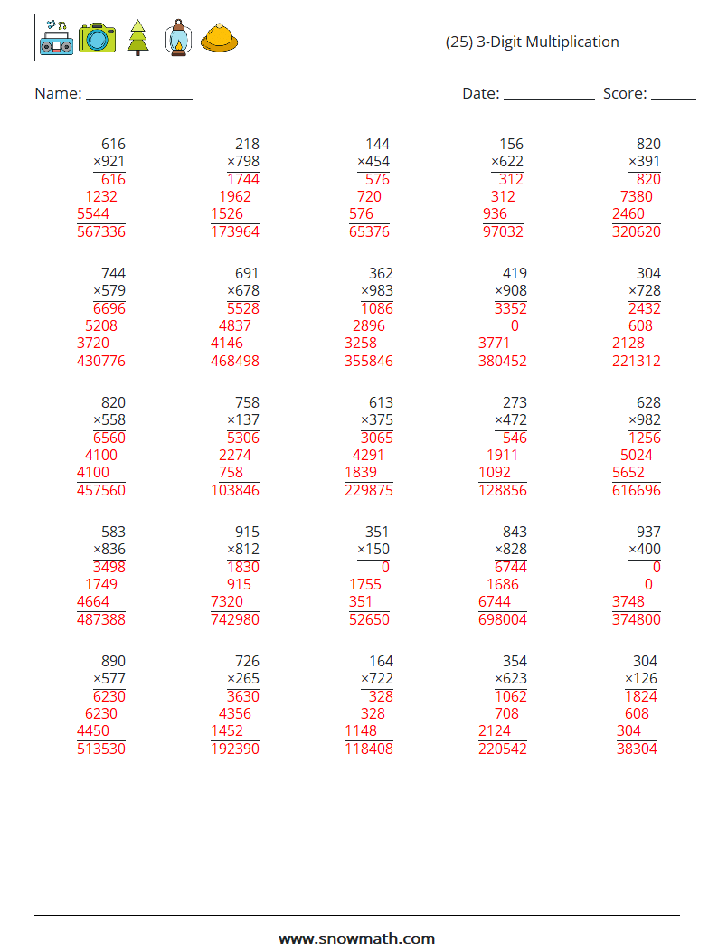 (25) 3-Digit Multiplication Math Worksheets 18 Question, Answer