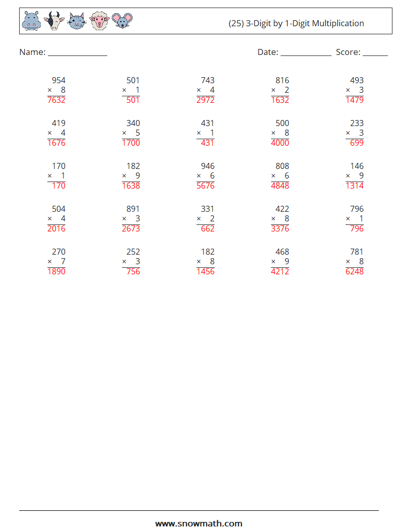 (25) 3-Digit by 1-Digit Multiplication Math Worksheets 10 Question, Answer