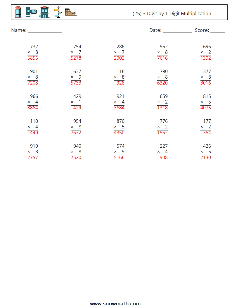 (25) 3-Digit by 1-Digit Multiplication Math Worksheets 12 Question, Answer