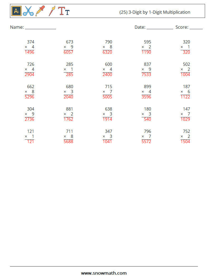 (25) 3-Digit by 1-Digit Multiplication Math Worksheets 17 Question, Answer