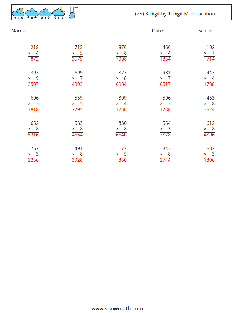 (25) 3-Digit by 1-Digit Multiplication Math Worksheets 3 Question, Answer