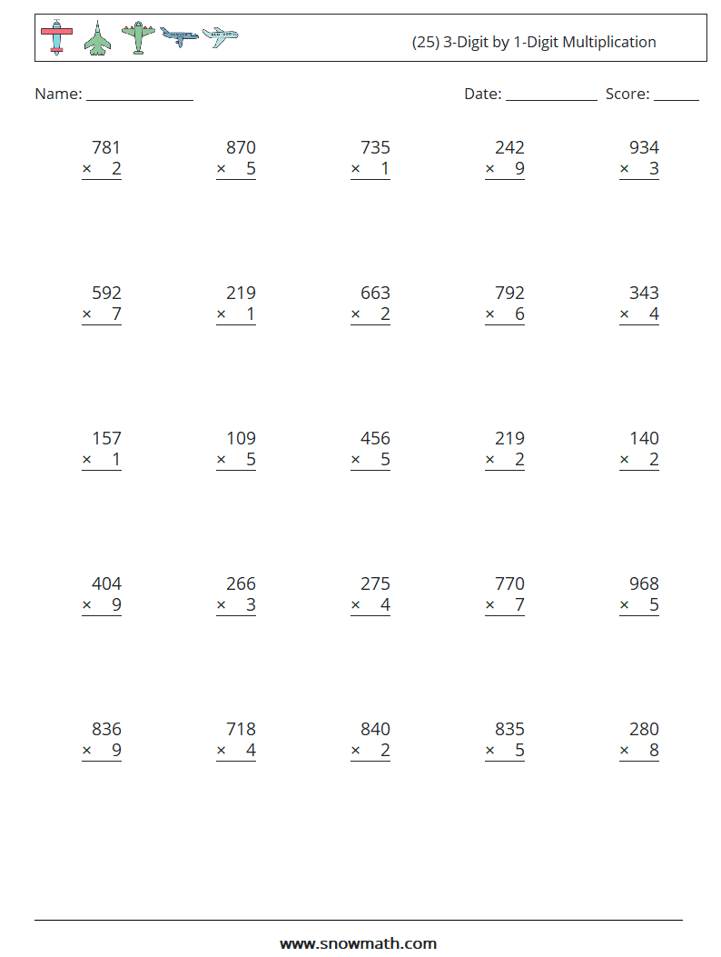 (25) 3-Digit by 1-Digit Multiplication Math Worksheets 5