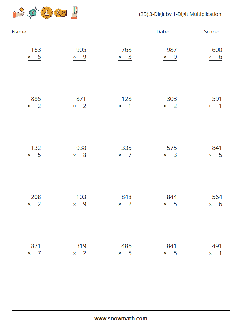 (25) 3-Digit by 1-Digit Multiplication Math Worksheets 6
