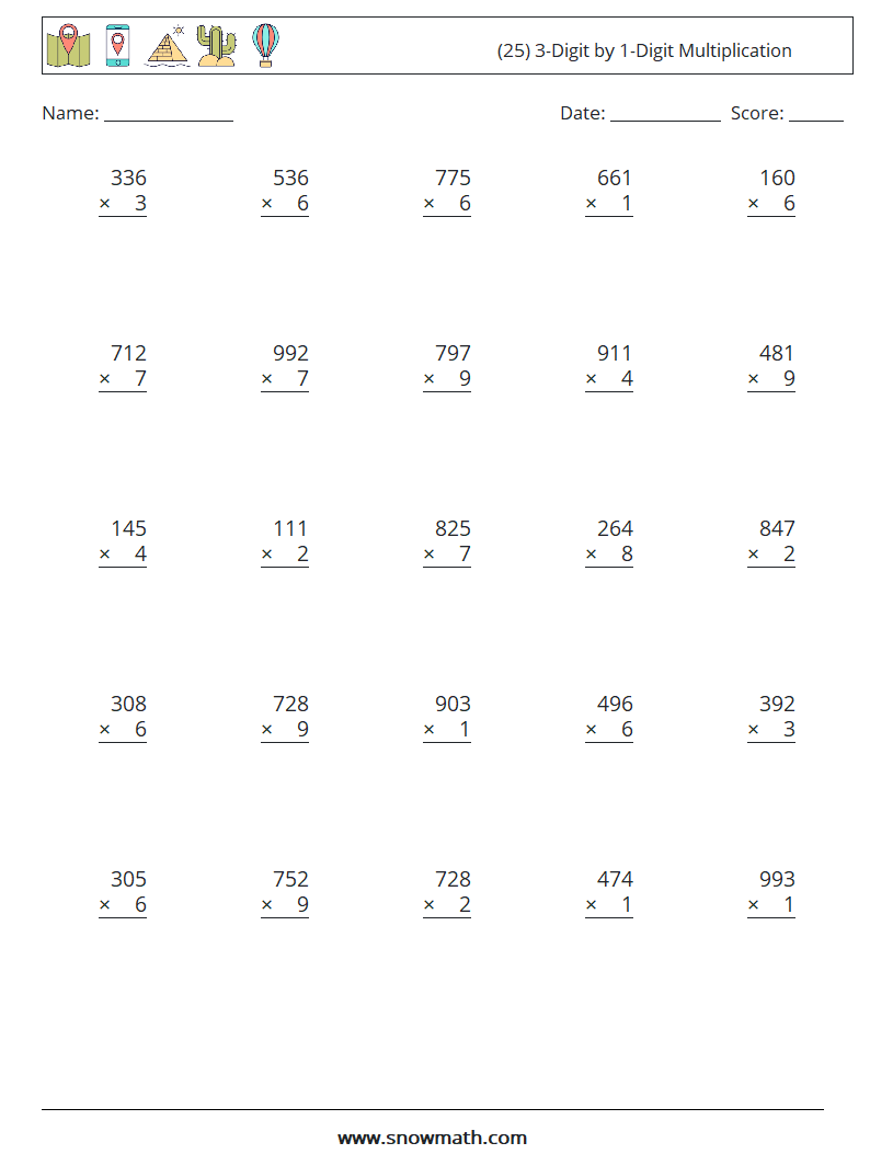 (25) 3-digit by 1-digit multiplication Math Worksheets, Math Practice ...