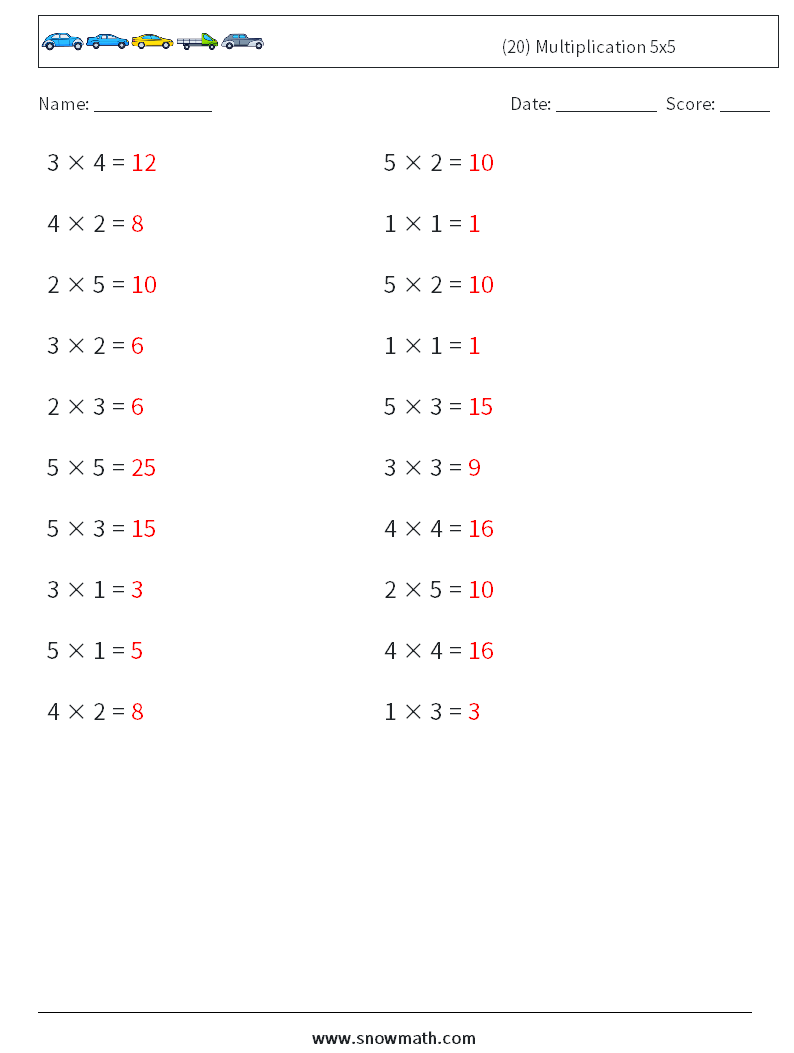 (20) Multiplication 5x5 Math Worksheets 3 Question, Answer