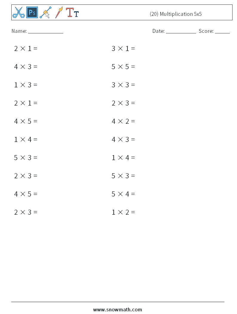  20 Multiplication 5x5 Math Worksheets Math Practice For Kids 