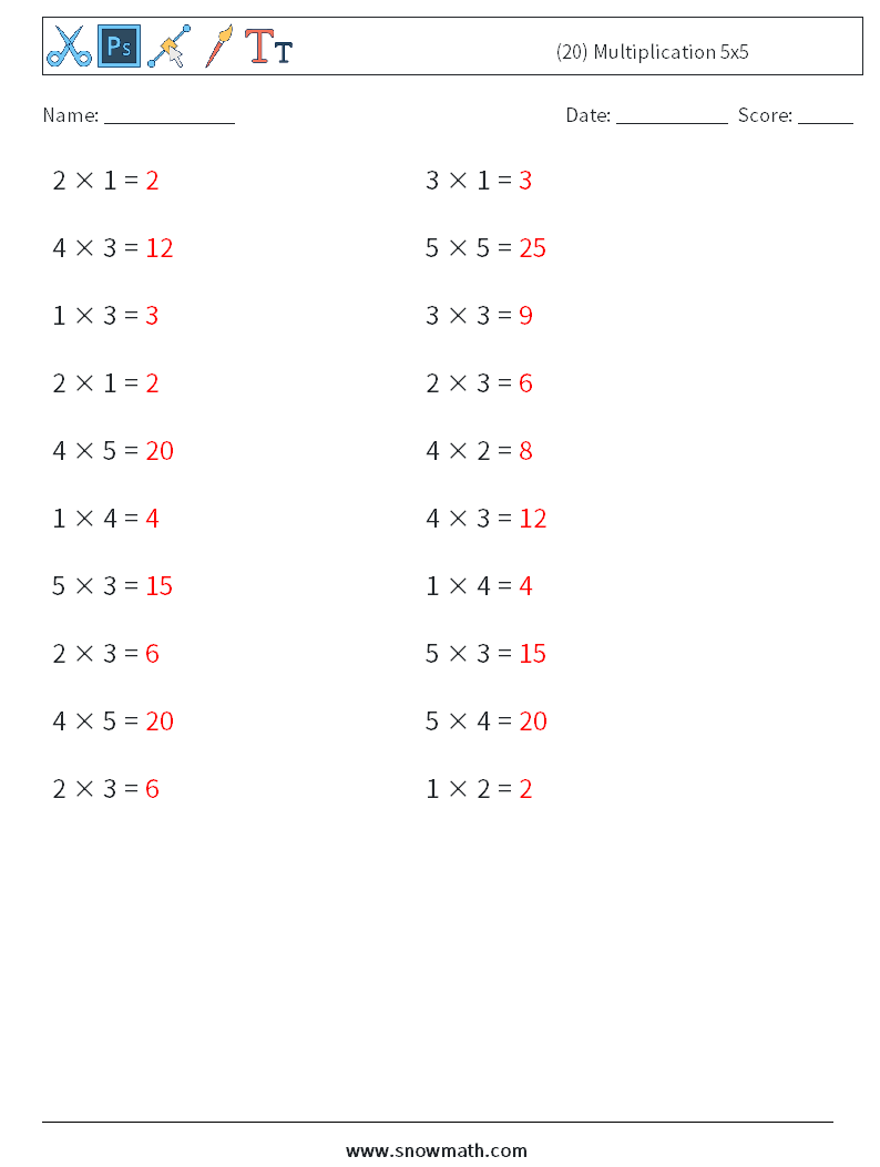 (20) Multiplication 5x5 Math Worksheets 8 Question, Answer
