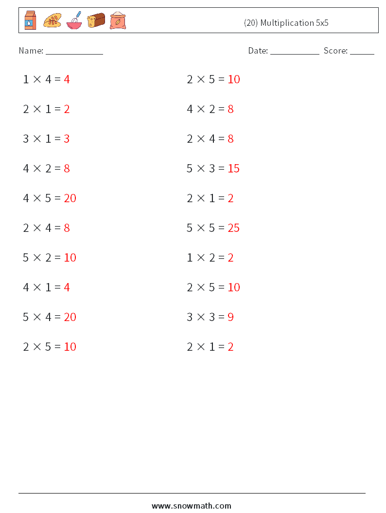(20) Multiplication 5x5 Math Worksheets 9 Question, Answer