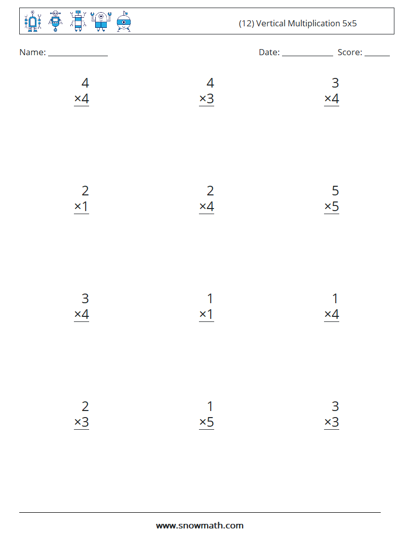 (12) Vertical Multiplication 5x5 Math Worksheets 2