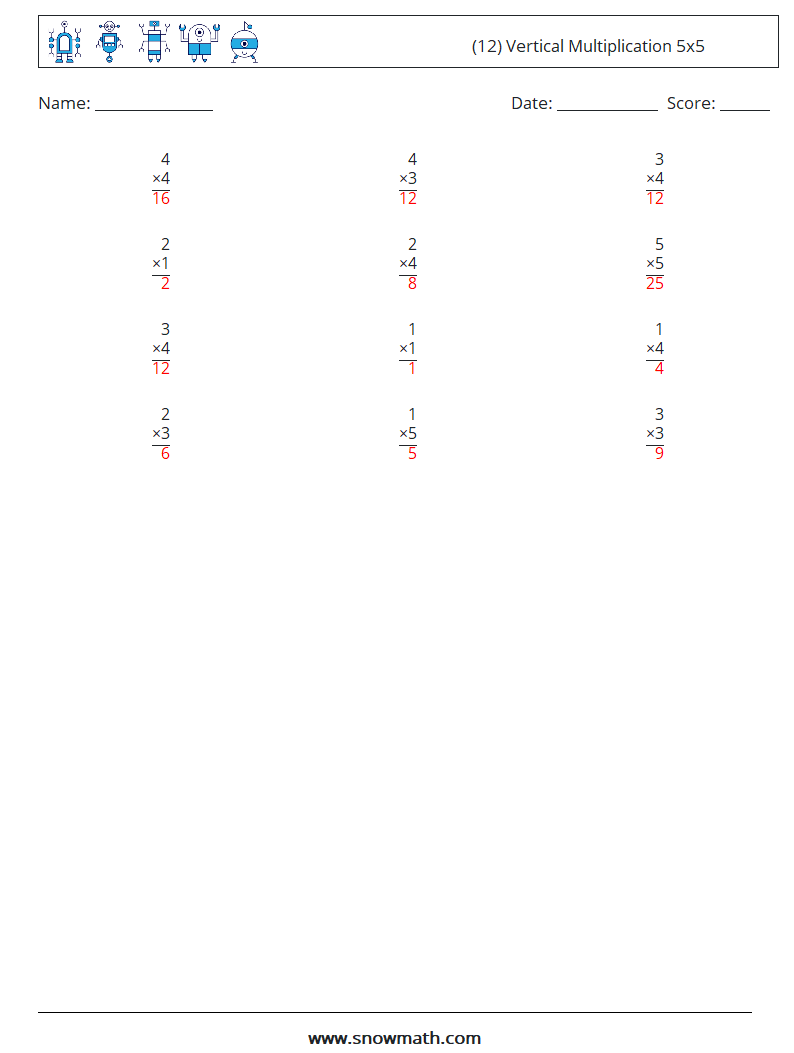 (12) Vertical Multiplication 5x5 Math Worksheets 2 Question, Answer