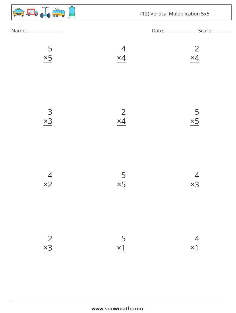 (12) Vertical Multiplication 5x5 Maths Worksheets 3