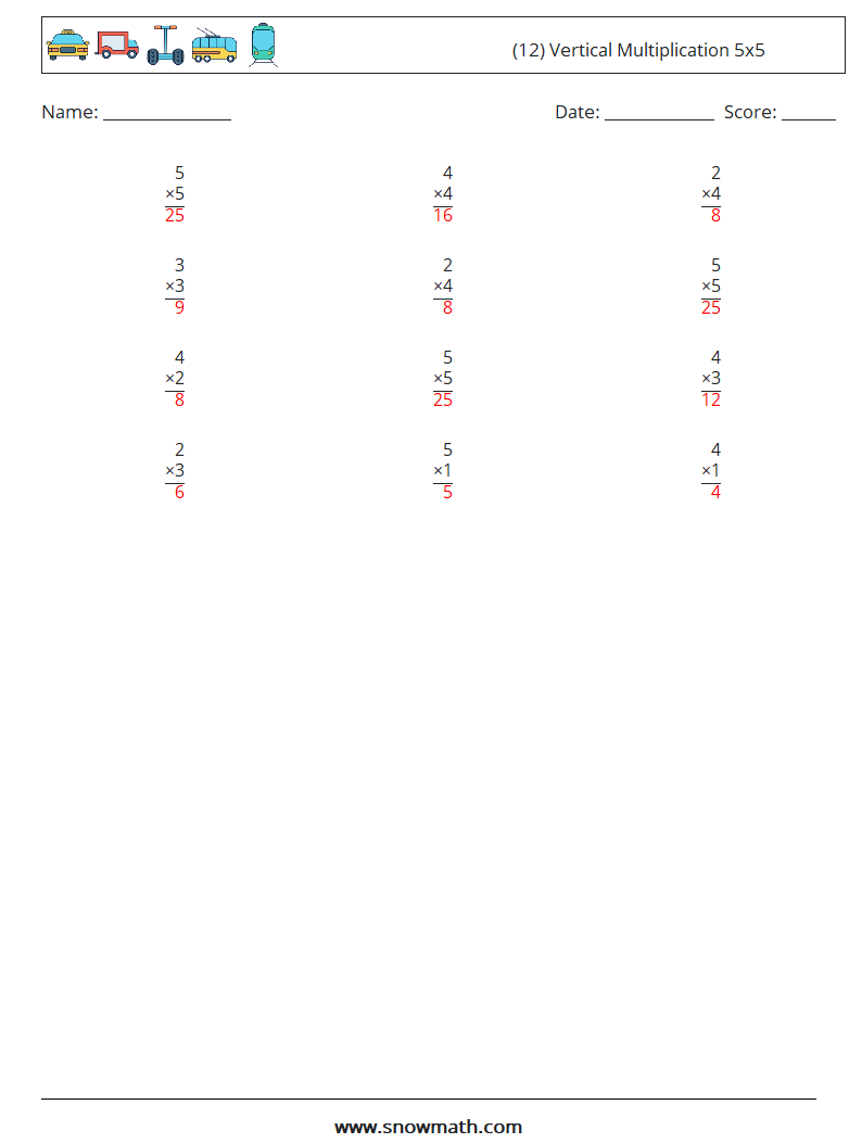 (12) Vertical Multiplication 5x5 Math Worksheets 3 Question, Answer