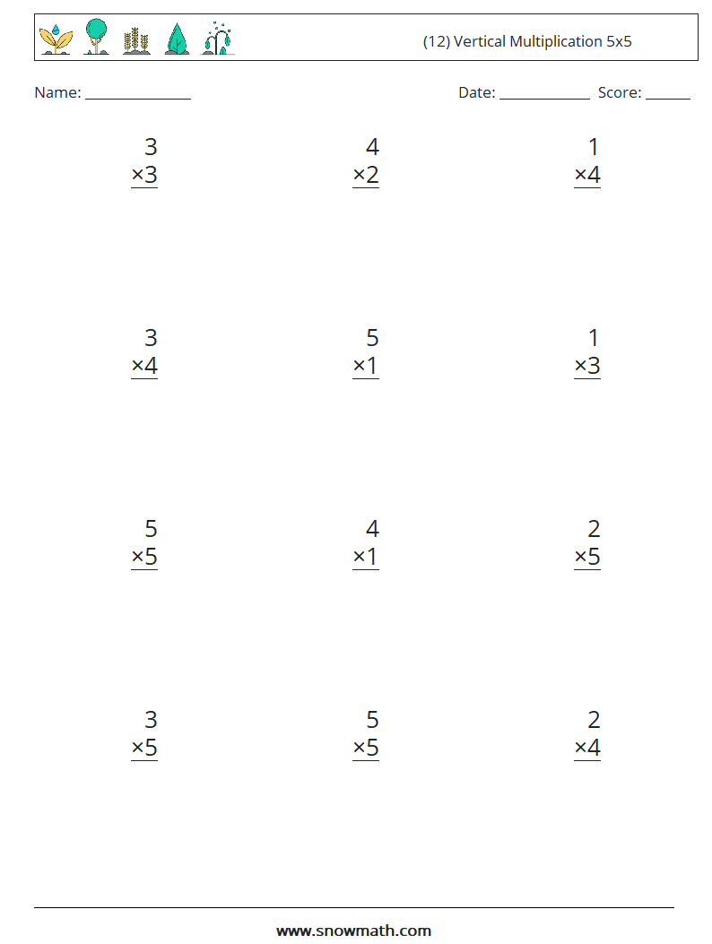 (12) Vertical Multiplication 5x5 Math Worksheets 4