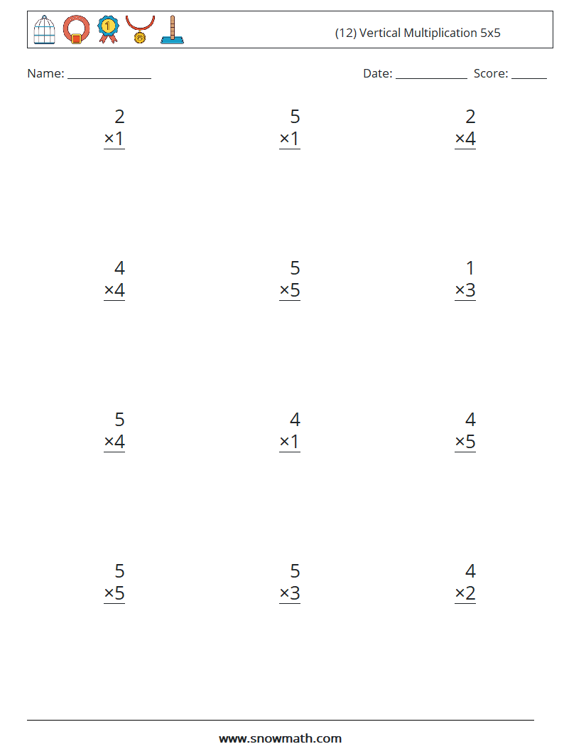 (12) Vertical Multiplication 5x5 Maths Worksheets 5