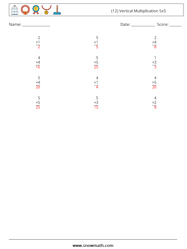 (12) Vertical Multiplication 5x5 Math Worksheets 5 Question, Answer