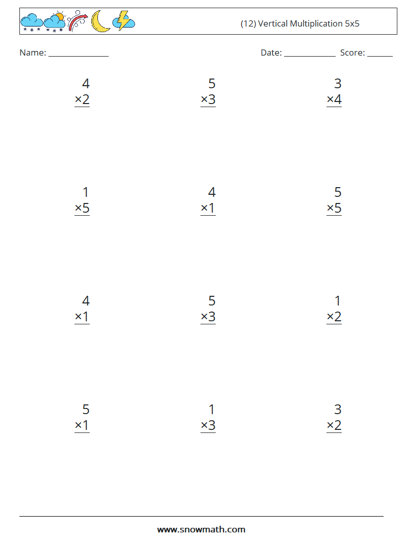 (12) Vertical Multiplication 5x5 Math Worksheets 6