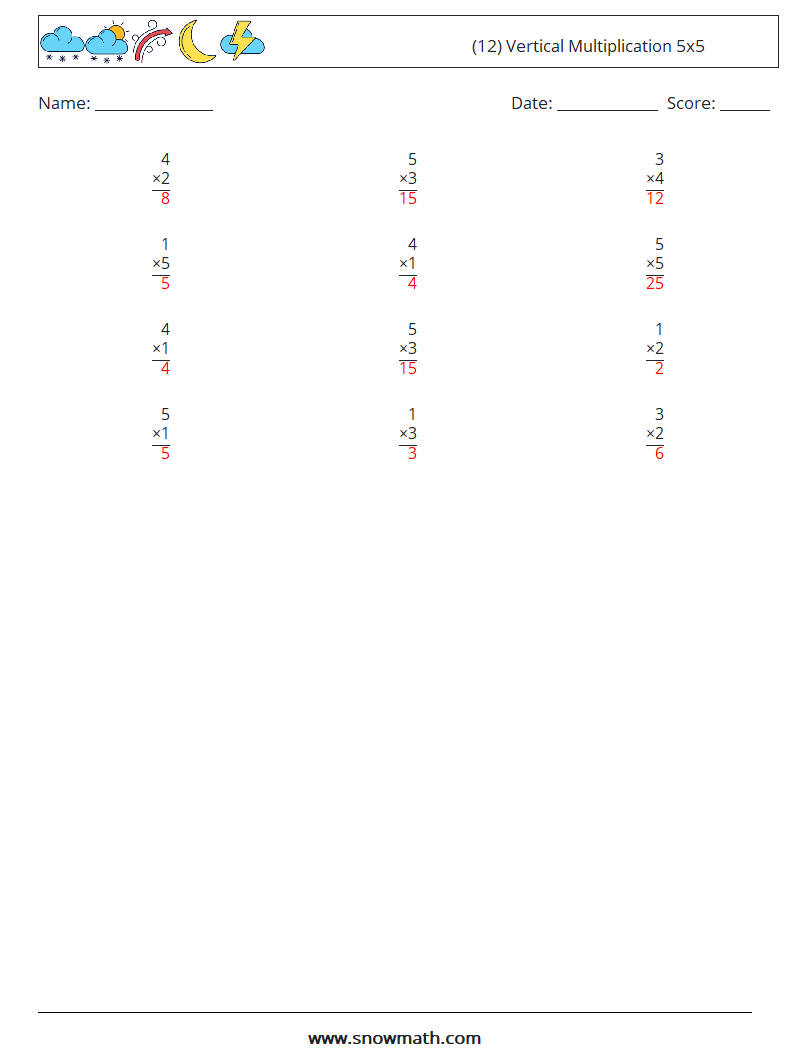 (12) Vertical Multiplication 5x5 Math Worksheets 6 Question, Answer