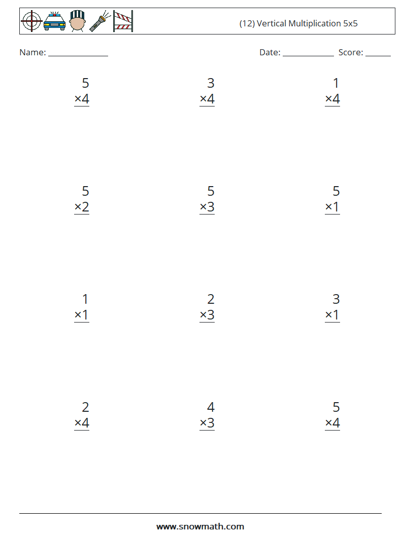 (12) Vertical Multiplication 5x5 Maths Worksheets 7