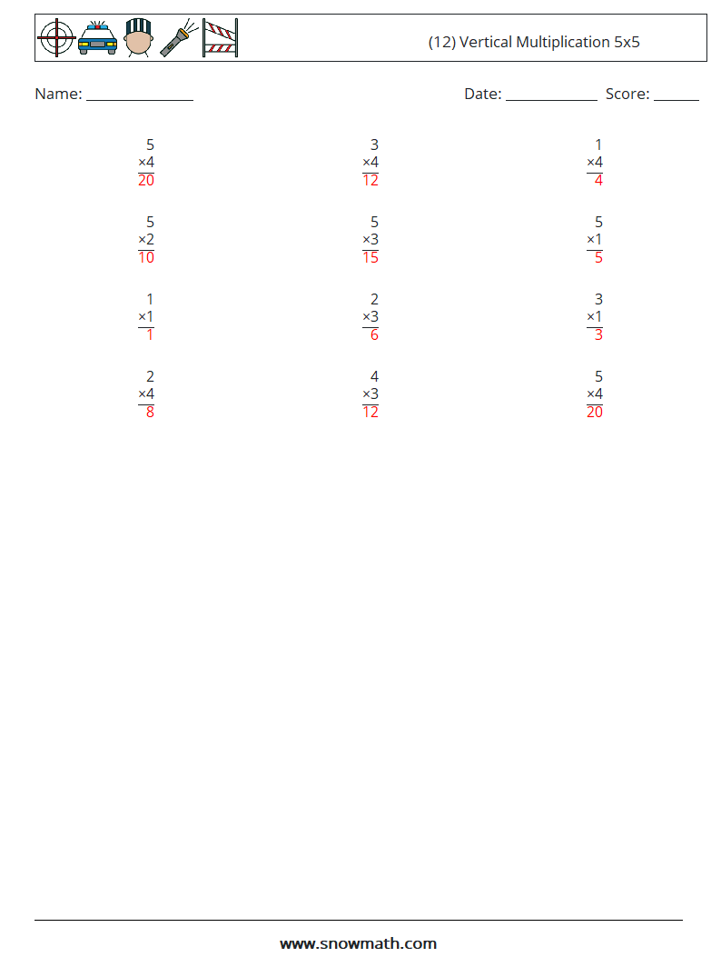 (12) Vertical Multiplication 5x5 Math Worksheets 7 Question, Answer