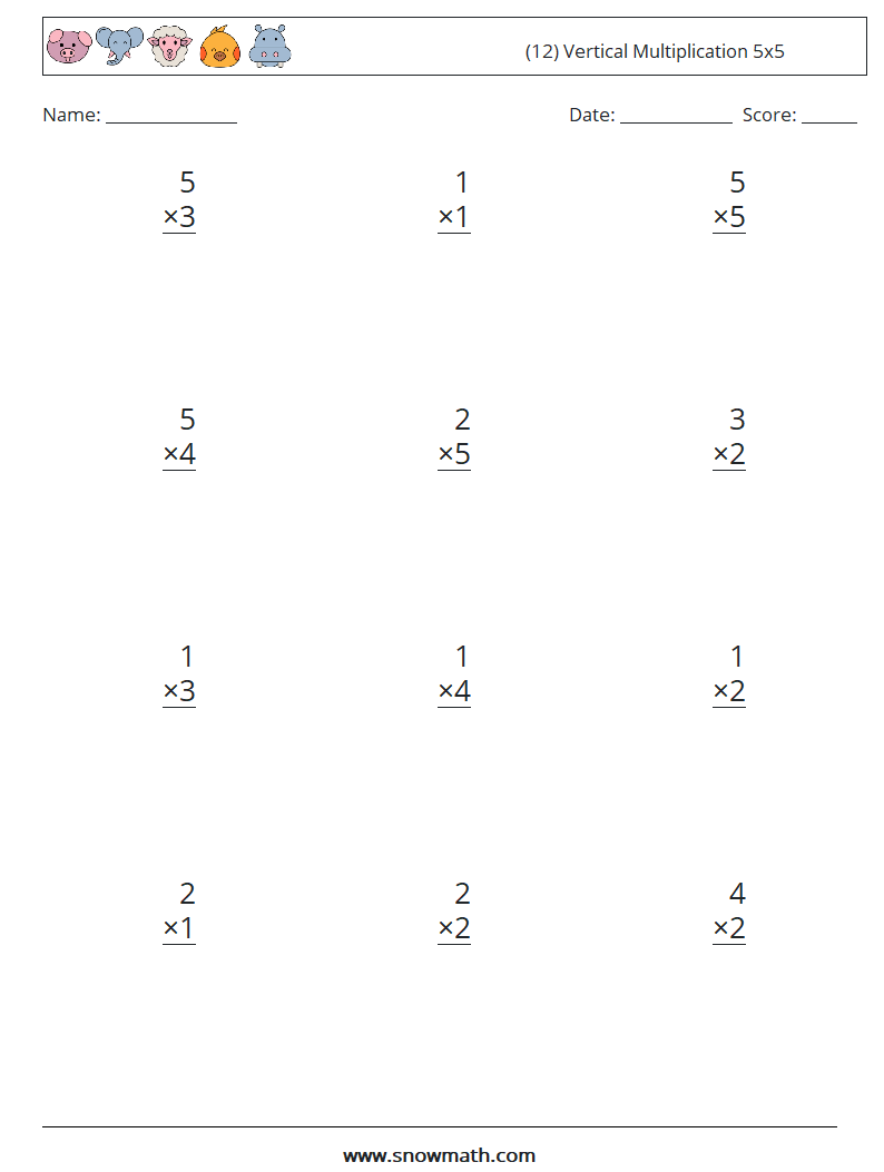 (12) Vertical Multiplication 5x5 Math Worksheets 8
