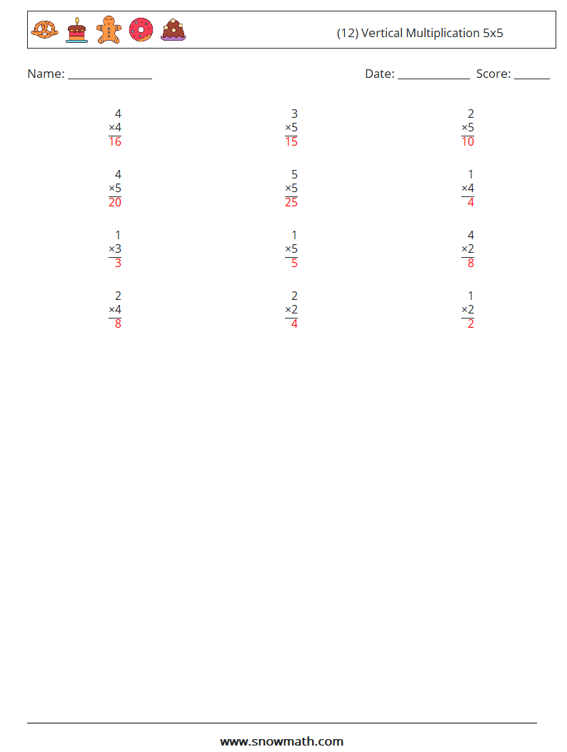 (12) Vertical Multiplication 5x5 Math Worksheets 9 Question, Answer