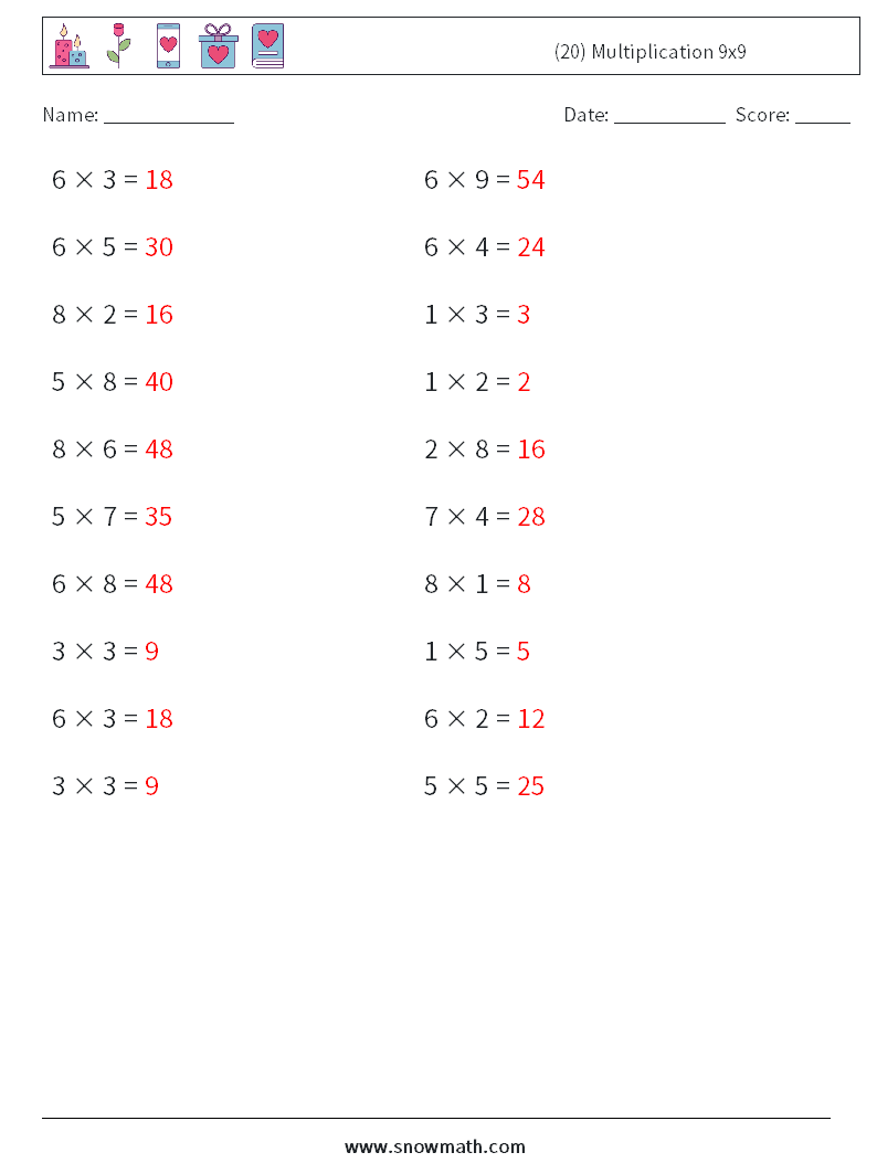 (20) Multiplication 9x9  Math Worksheets 1 Question, Answer