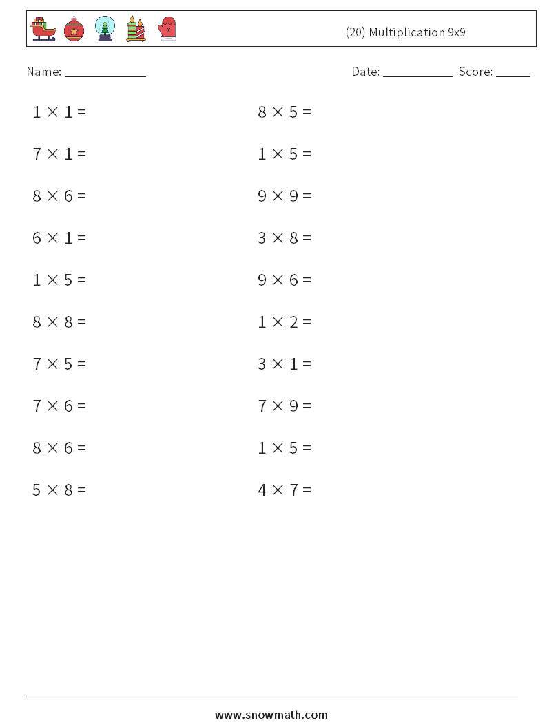 (20) Multiplication 9x9  Maths Worksheets 2