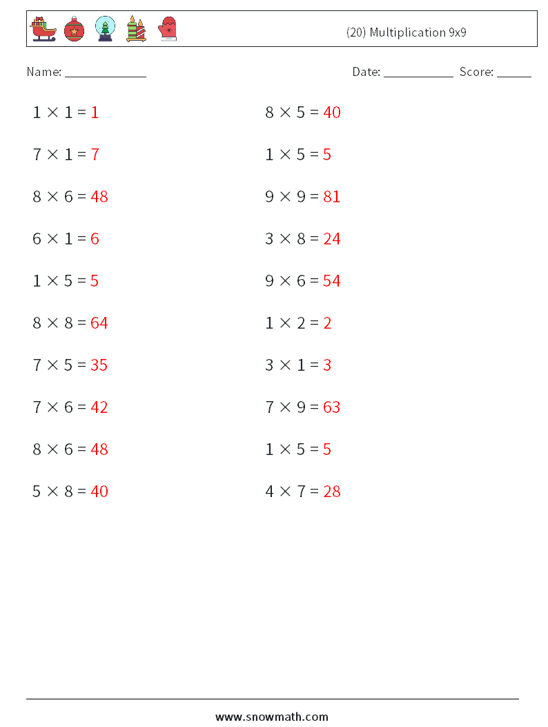 (20) Multiplication 9x9  Math Worksheets 2 Question, Answer