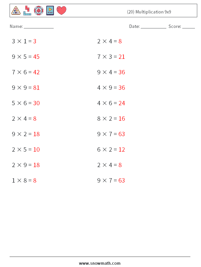 (20) Multiplication 9x9  Math Worksheets 3 Question, Answer
