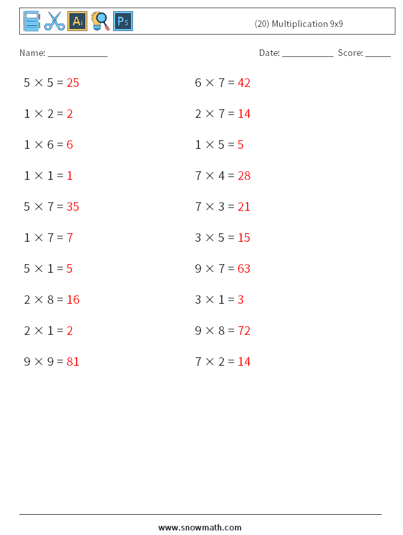 (20) Multiplication 9x9  Math Worksheets 4 Question, Answer