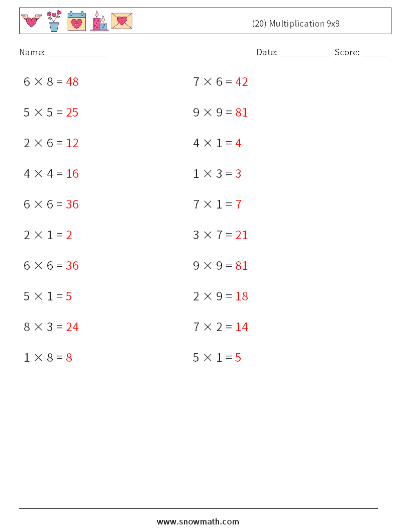 (20) Multiplication 9x9  Math Worksheets 5 Question, Answer