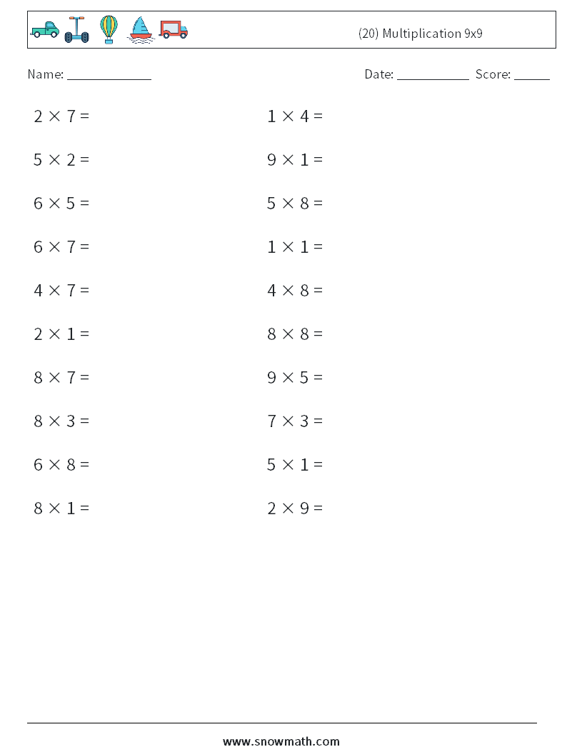 (20) Multiplication 9x9  Maths Worksheets 6
