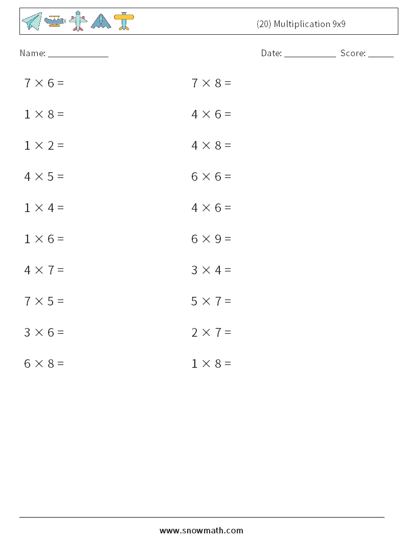 (20) Multiplication 9x9  Math Worksheets 8