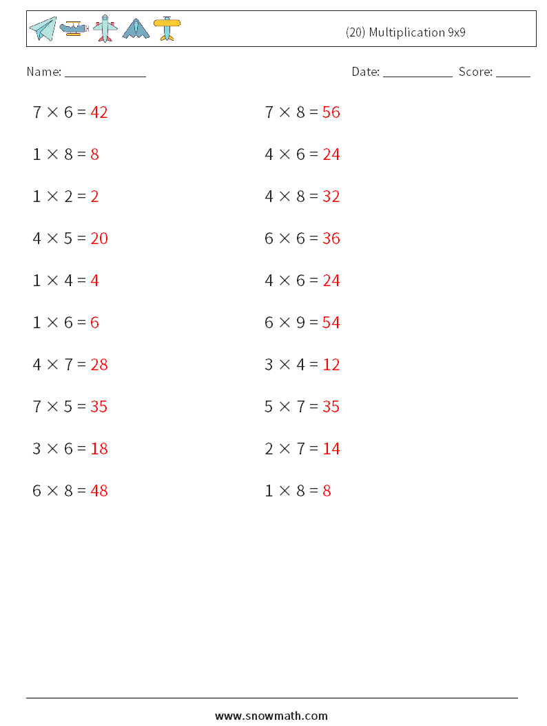 (20) Multiplication 9x9  Math Worksheets 8 Question, Answer