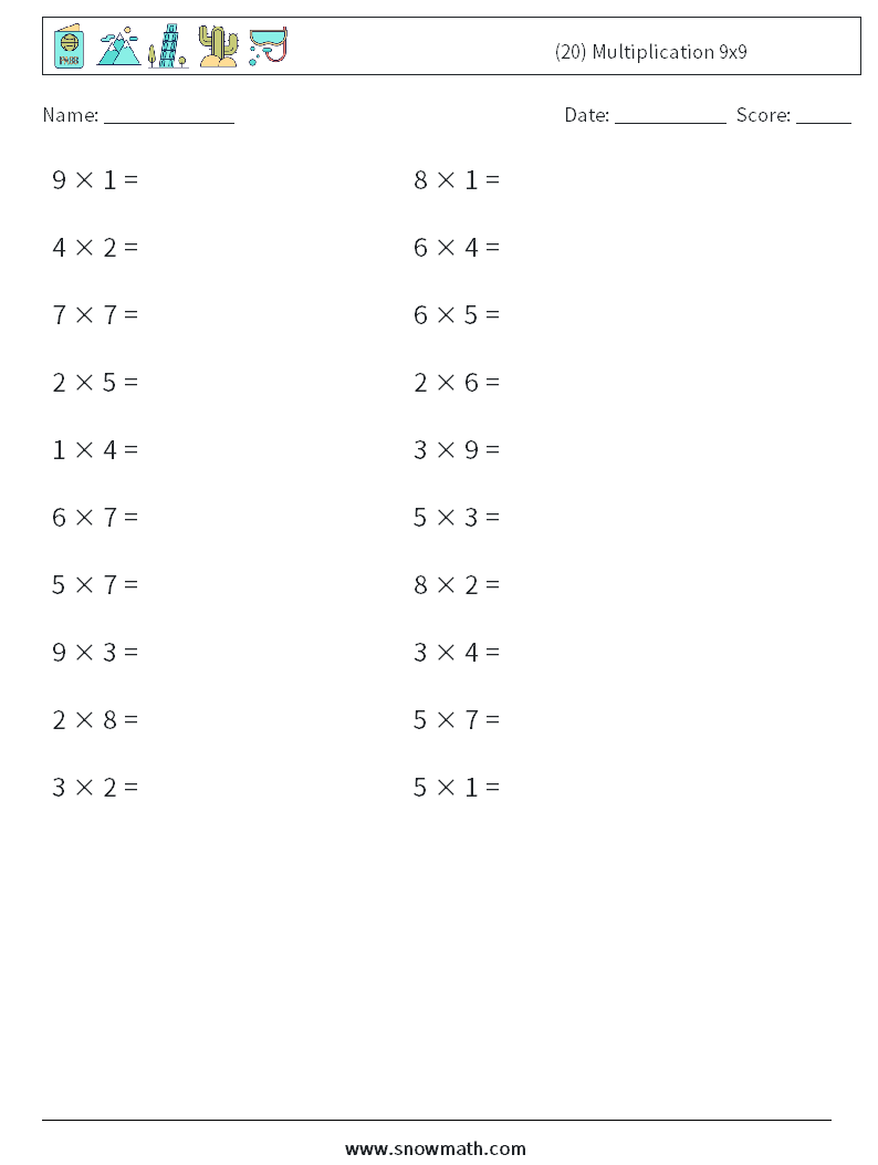 (20) Multiplication 9x9  Maths Worksheets 9