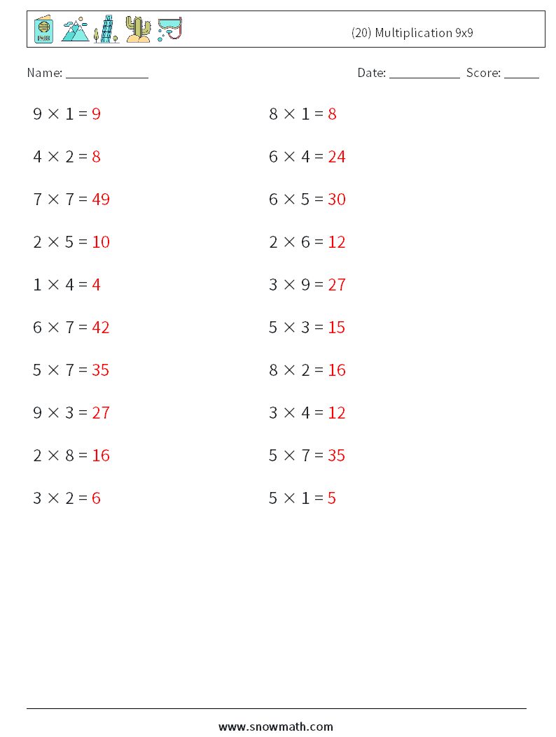 (20) Multiplication 9x9  Math Worksheets 9 Question, Answer