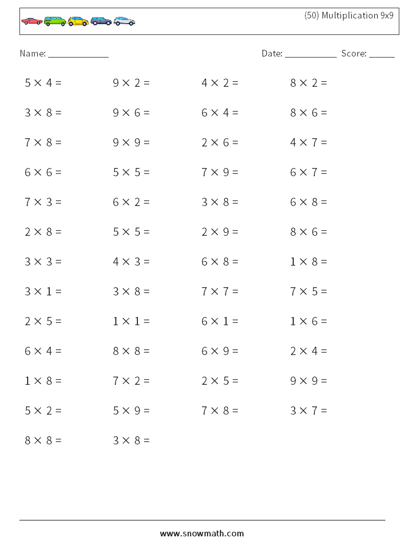 (50) Multiplication 9x9  Math Worksheets 2