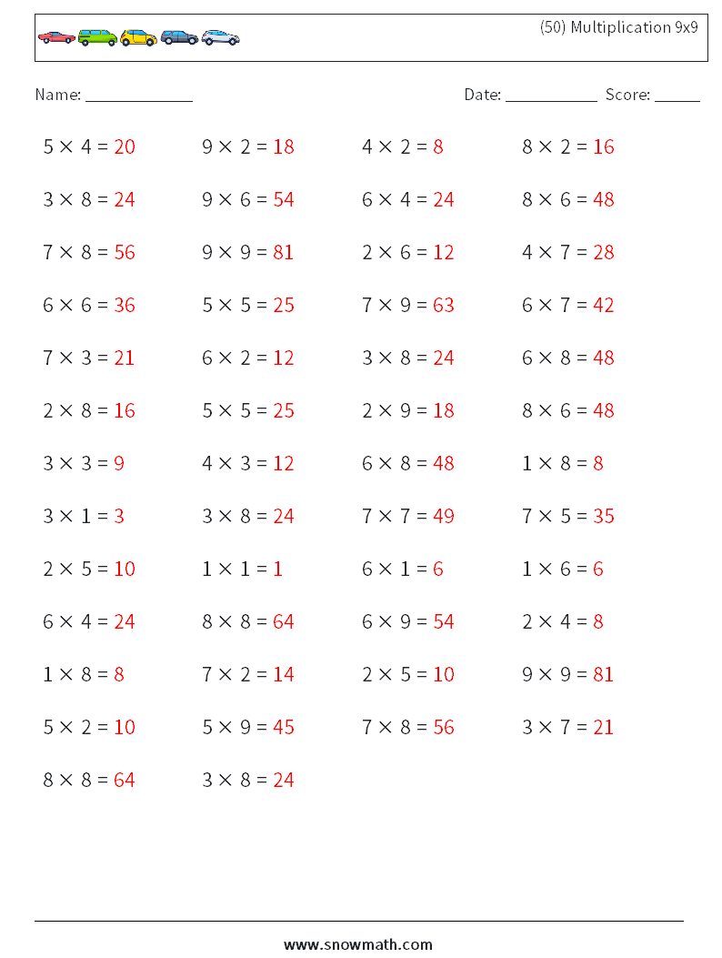 (50) Multiplication 9x9  Math Worksheets 2 Question, Answer