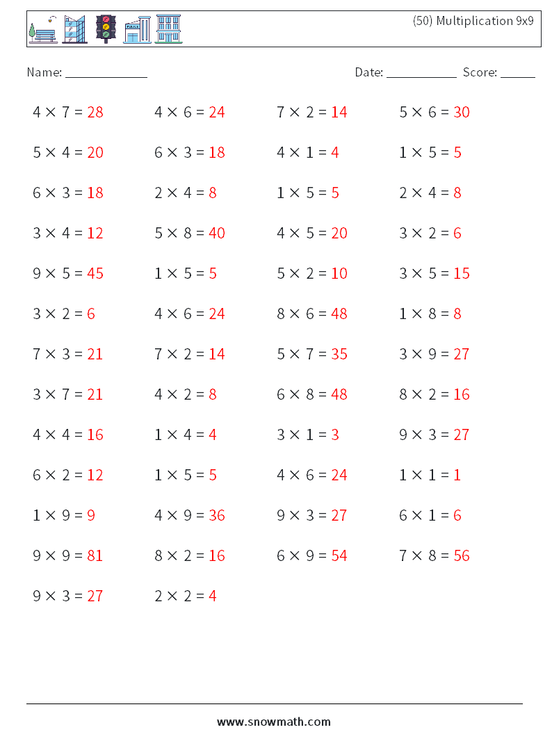 (50) Multiplication 9x9  Math Worksheets 3 Question, Answer