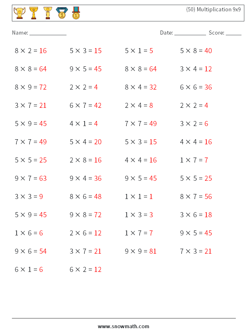 (50) Multiplication 9x9  Math Worksheets 7 Question, Answer