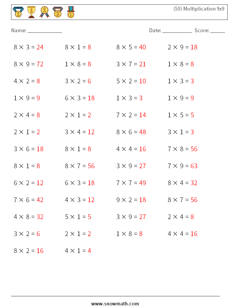 (50) Multiplication 9x9  Math Worksheets 8 Question, Answer