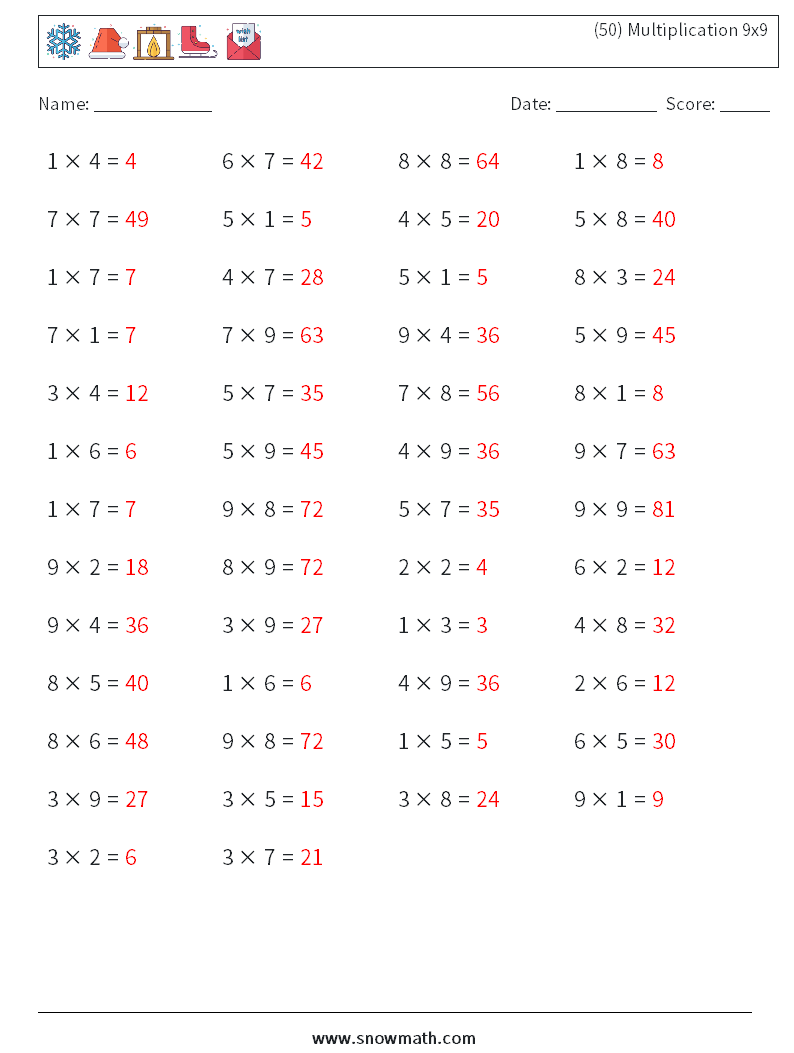 (50) Multiplication 9x9  Math Worksheets 9 Question, Answer