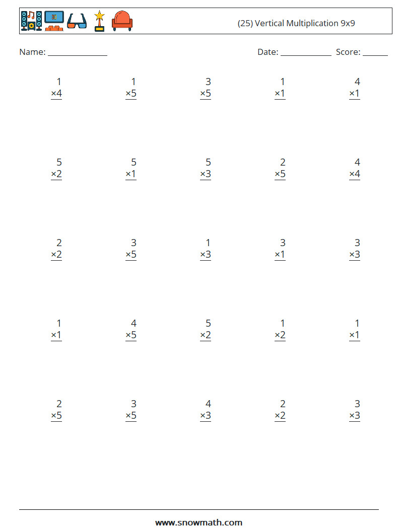 (25) Vertical Multiplication 9x9 Maths Worksheets 2