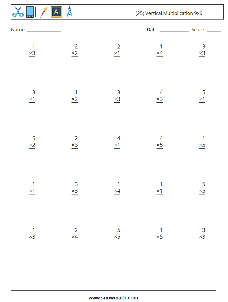 (25) Vertical Multiplication 9x9 Maths Worksheets 3